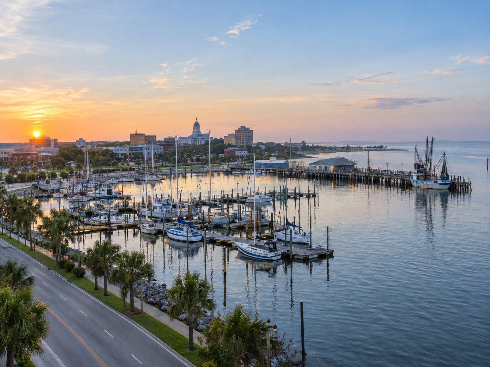 The Gulfport, Mississippi waterfront at dawn: the small-craft harbor, fishing pier and downtown skyline