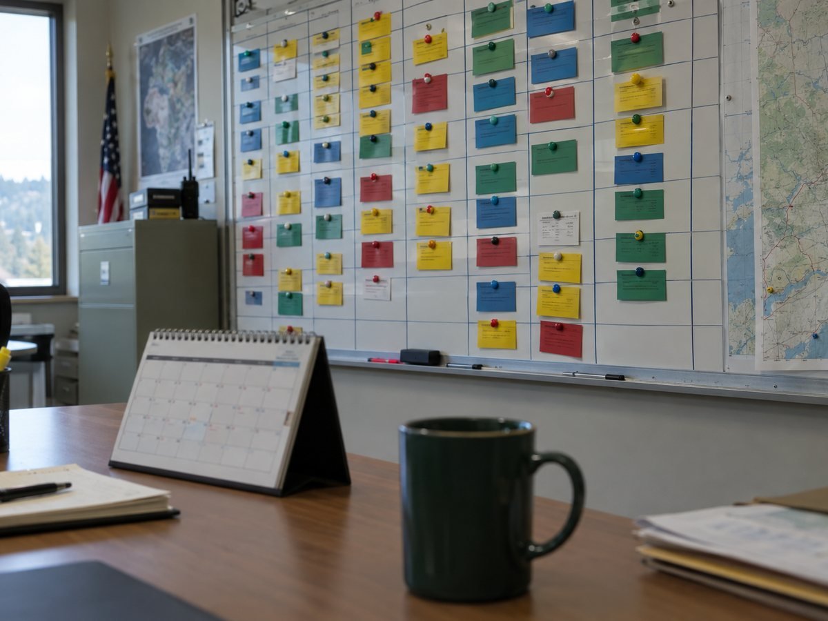 Project schedule board with color-coded deadline cards in a recovery office