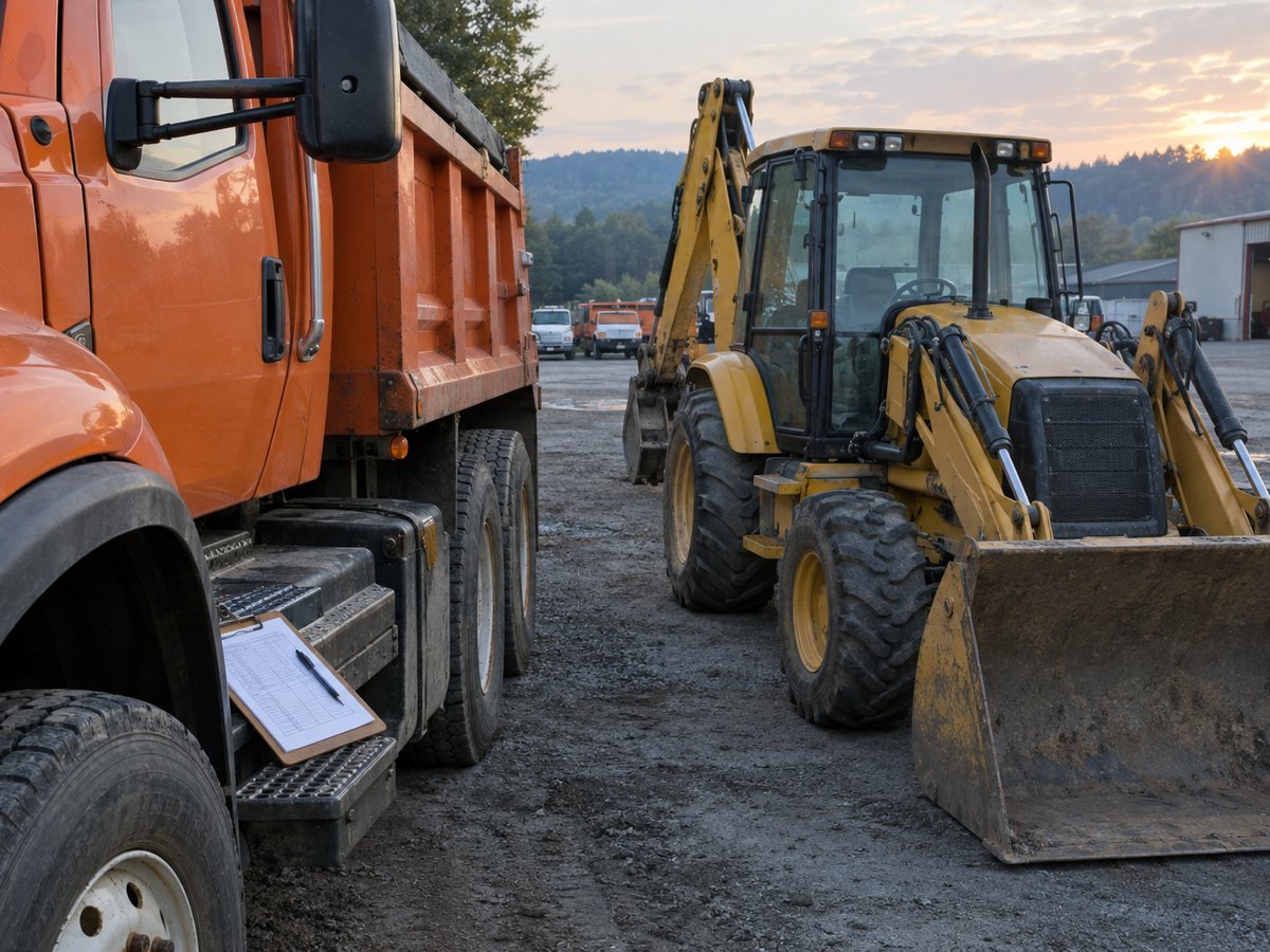 A county dump truck and backhoe in a fleet yard with an equipment log on a clipboard