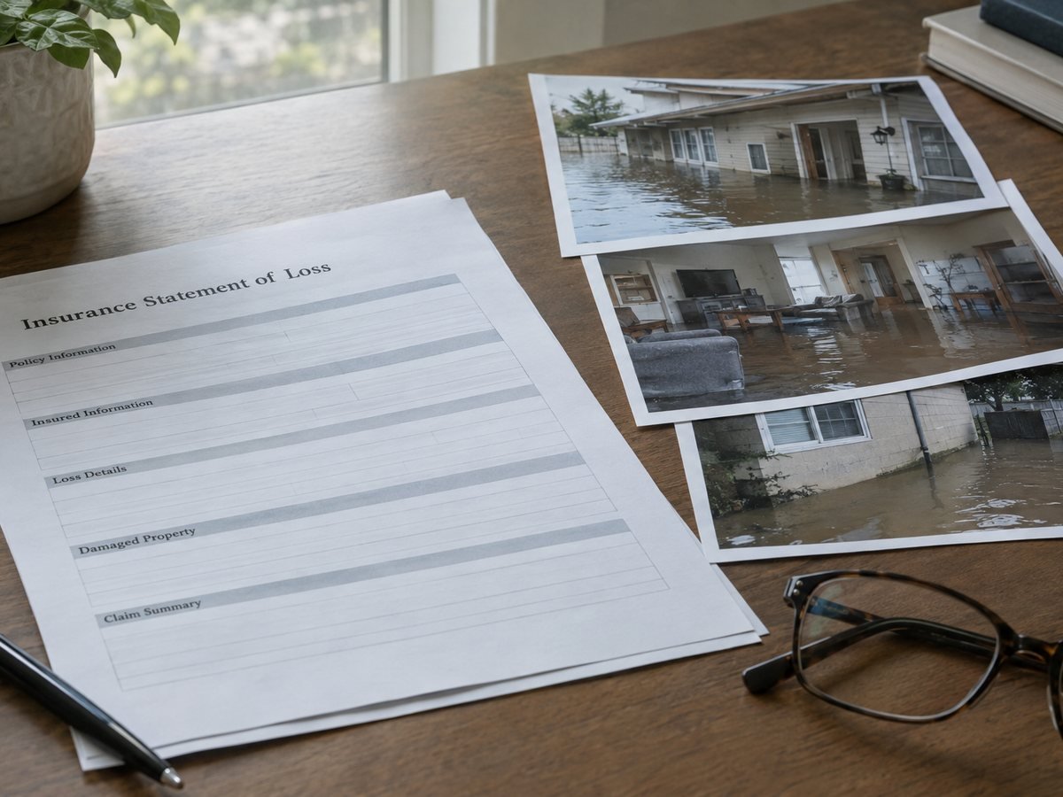 An insurance statement of loss with printed damage photographs and reading glasses