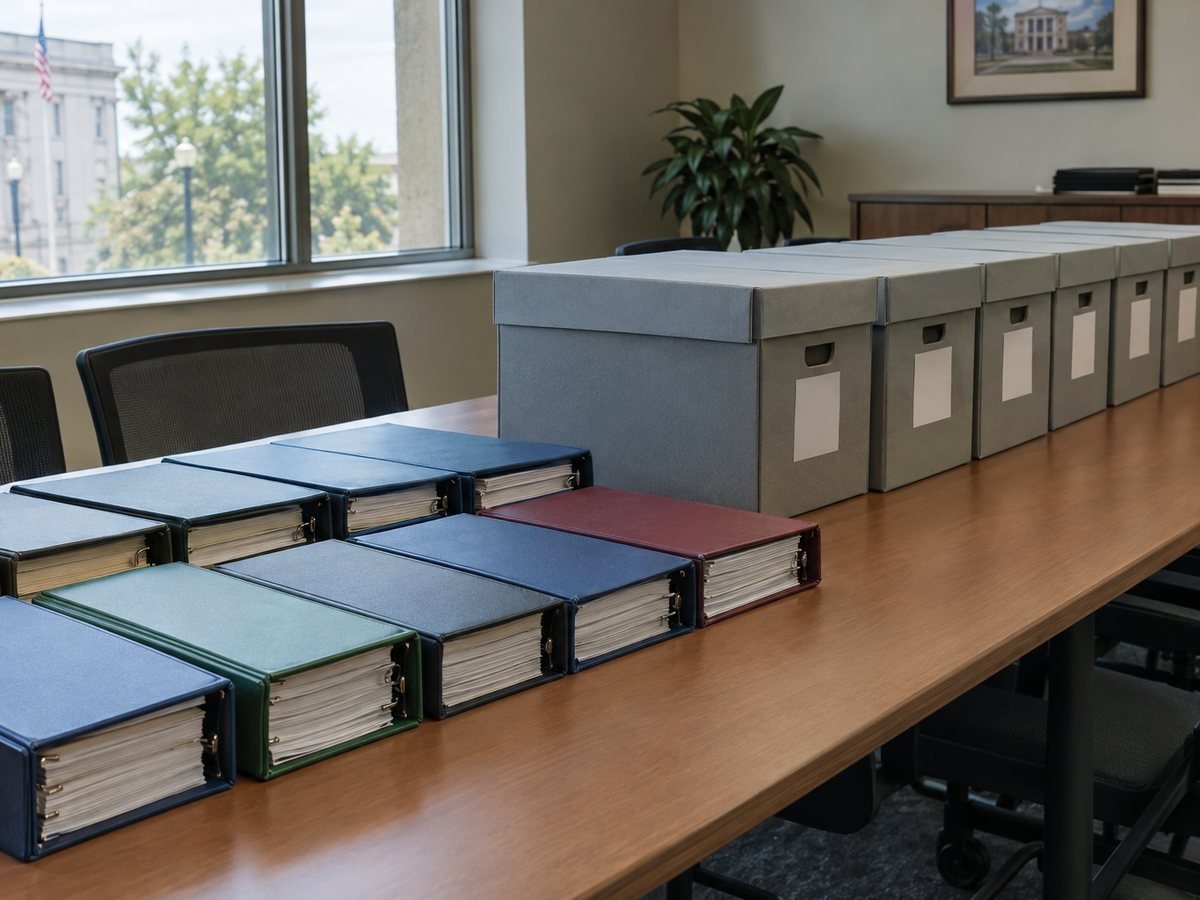 Tabbed binders and labeled file boxes lined up on a table in a municipal office