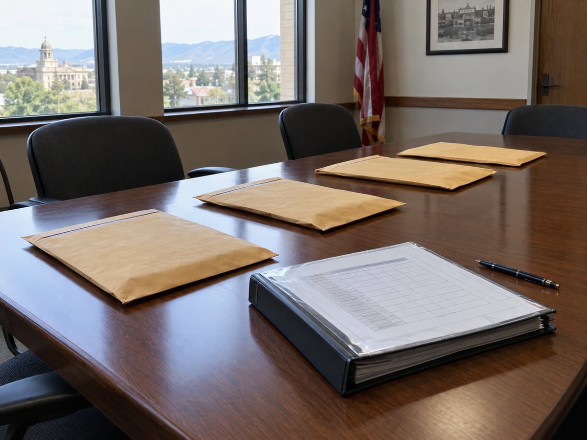Sealed bid envelopes and a bid tabulation binder on a city hall conference table