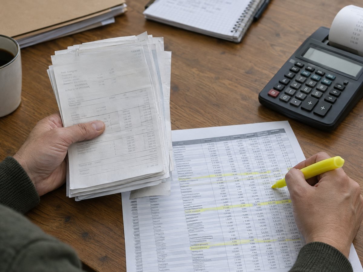 Hands comparing vendor invoices against a printed spreadsheet with a highlighter and calculator