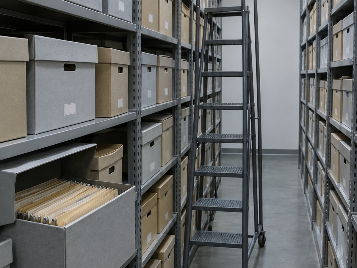 Archival boxes on steel shelving in a secure records room with one box open
