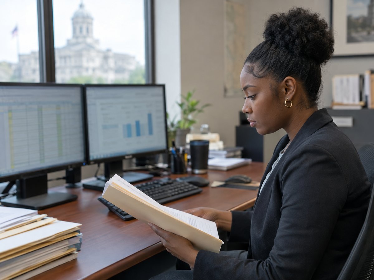 A finance officer reviewing documents on two monitors in a municipal finance office