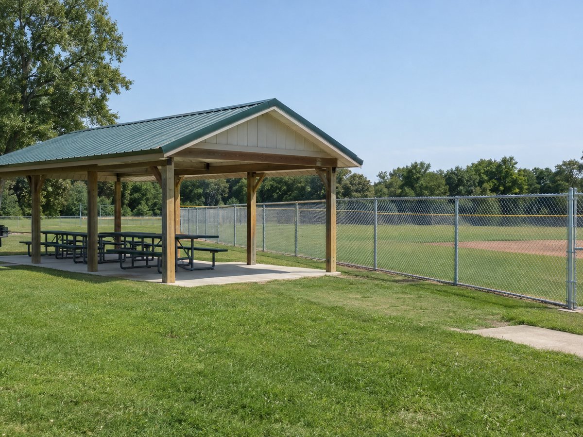 A repaired park pavilion roof and a replaced ball field fence in a small town park