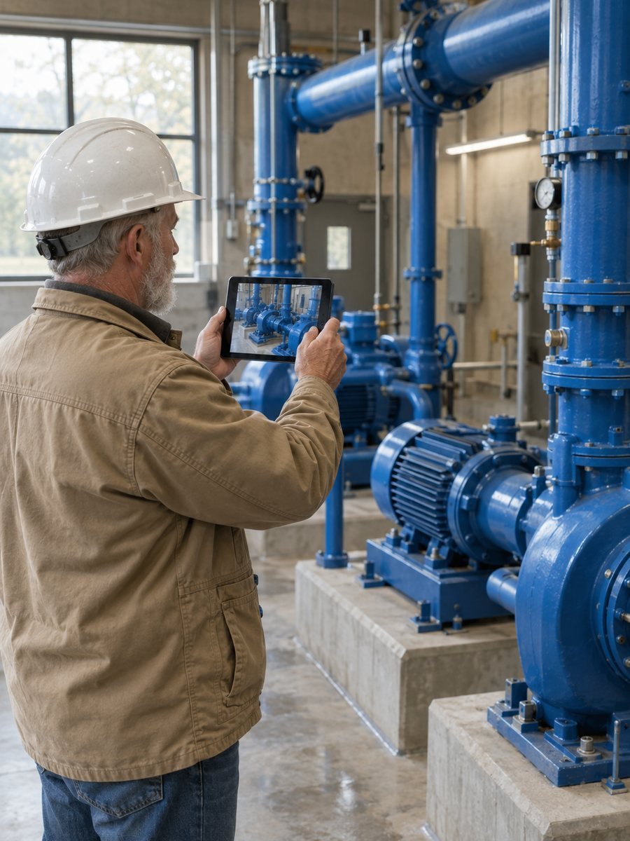 A state inspector photographing completed work inside a rebuilt pump station