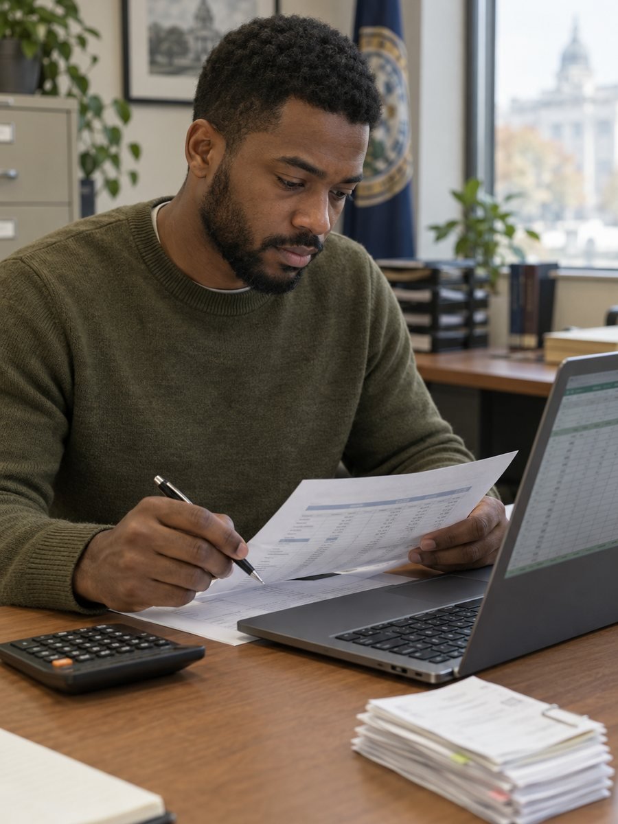 An accountant comparing a printed cost summary against a spreadsheet beside a stack of invoices