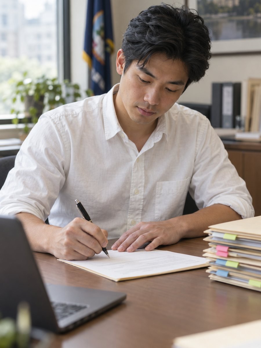 A grants coordinator signing a small project completion certification beside a stack of project folders