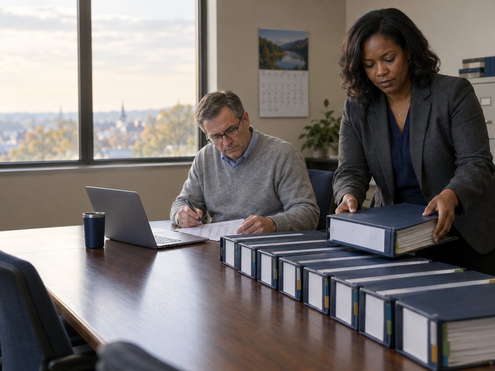 A grants manager and a state representative reviewing a row of completed closeout binders