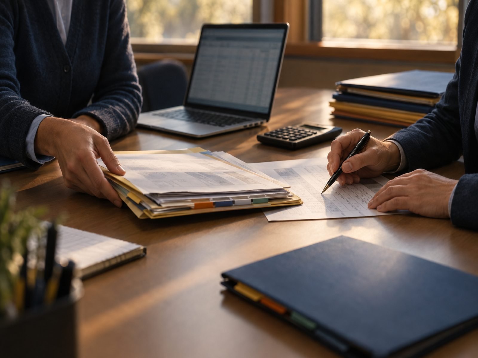 Invoices, payroll records and a project ledger being checked line by line at a finance office desk