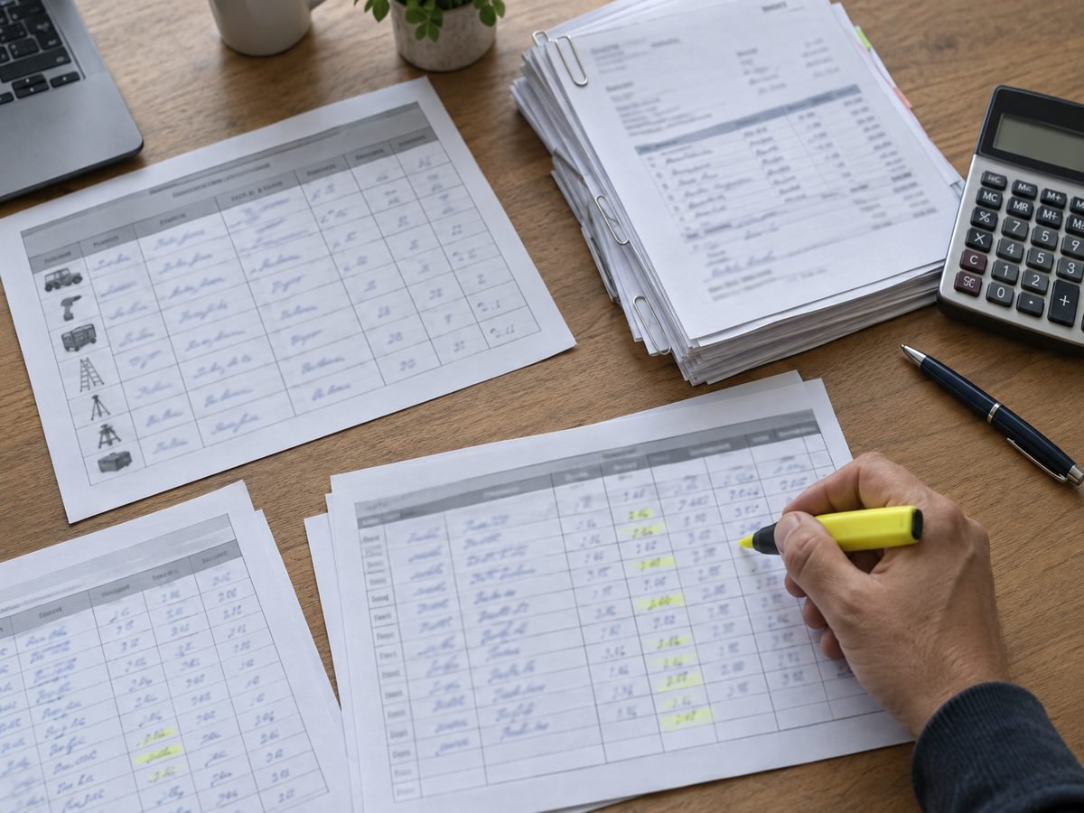 Timesheets, an equipment log and invoices laid out on a finance office desk