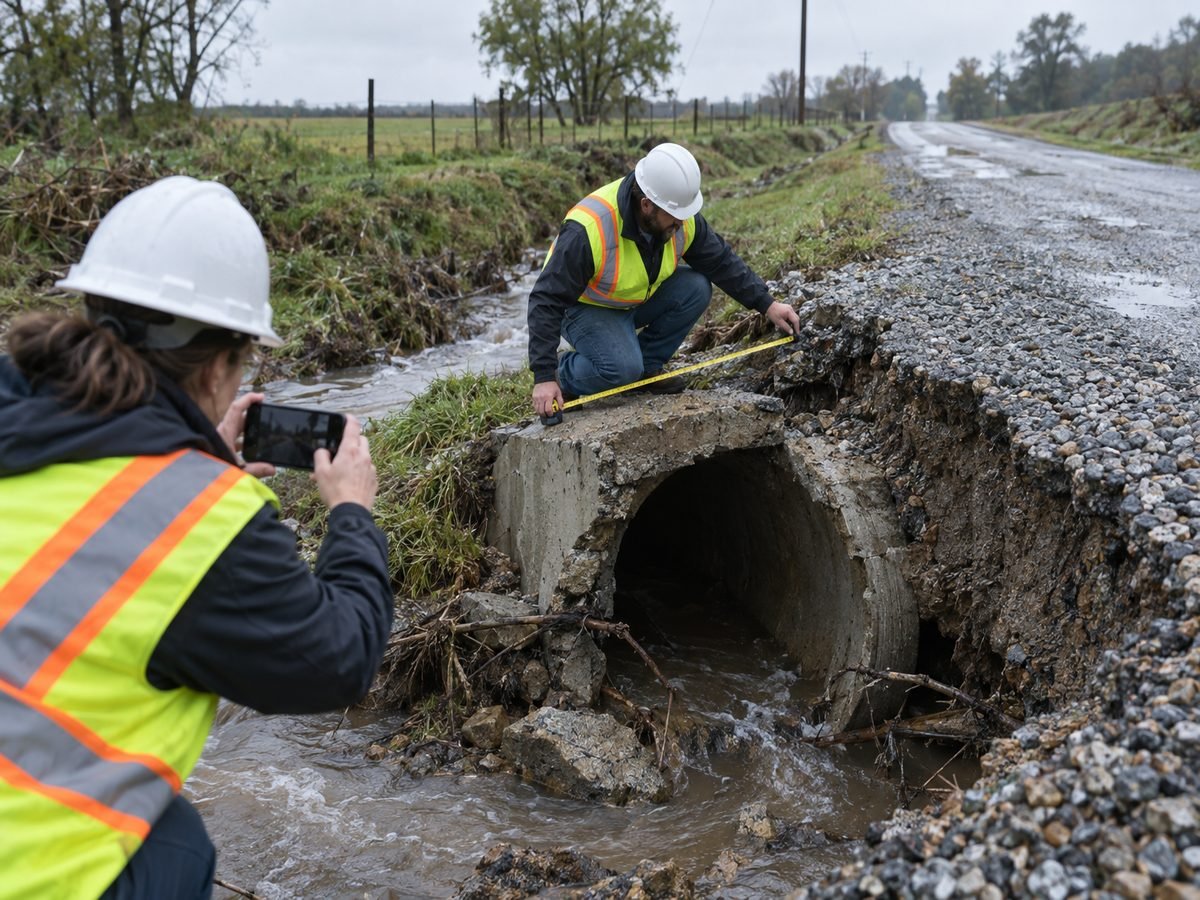 Two public works inspectors measuring and photographing a storm-damaged culvert