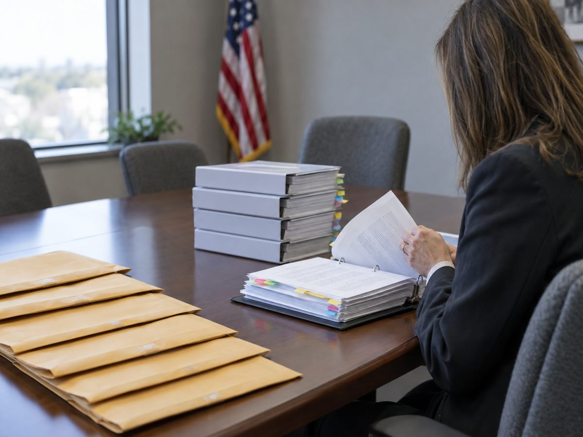 Sealed bid envelopes and bound contract documents on a purchasing office table