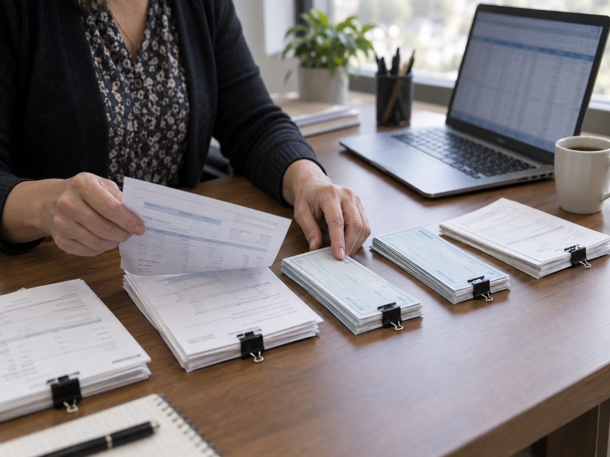 A finance director matching invoices to cancelled checks in clipped stacks
