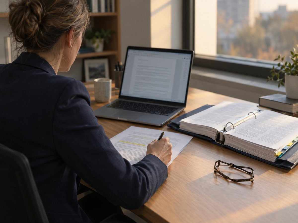 A consultant drafting a written response beside an open reference binder