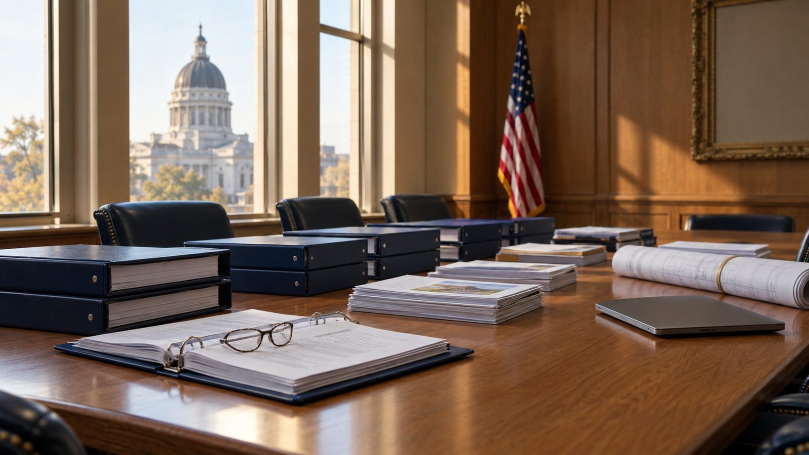FEMA Public Assistance applicant guides: county conference table with project binders and engineering drawings