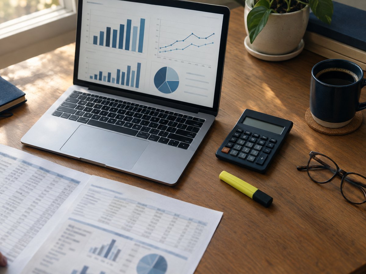 A laptop, cost estimates, and a calculator on a desk