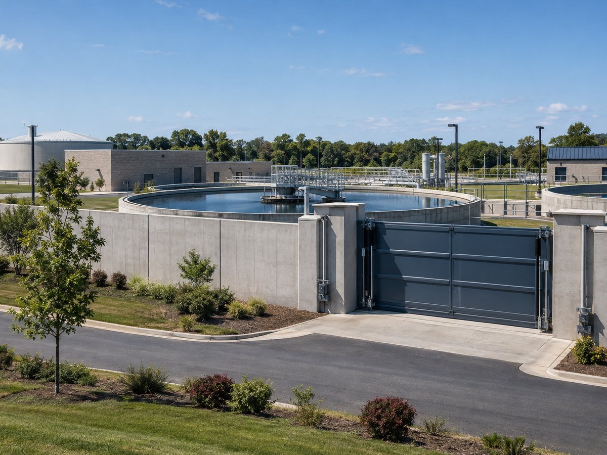 A completed floodwall and flood gate around a municipal wastewater treatment plant