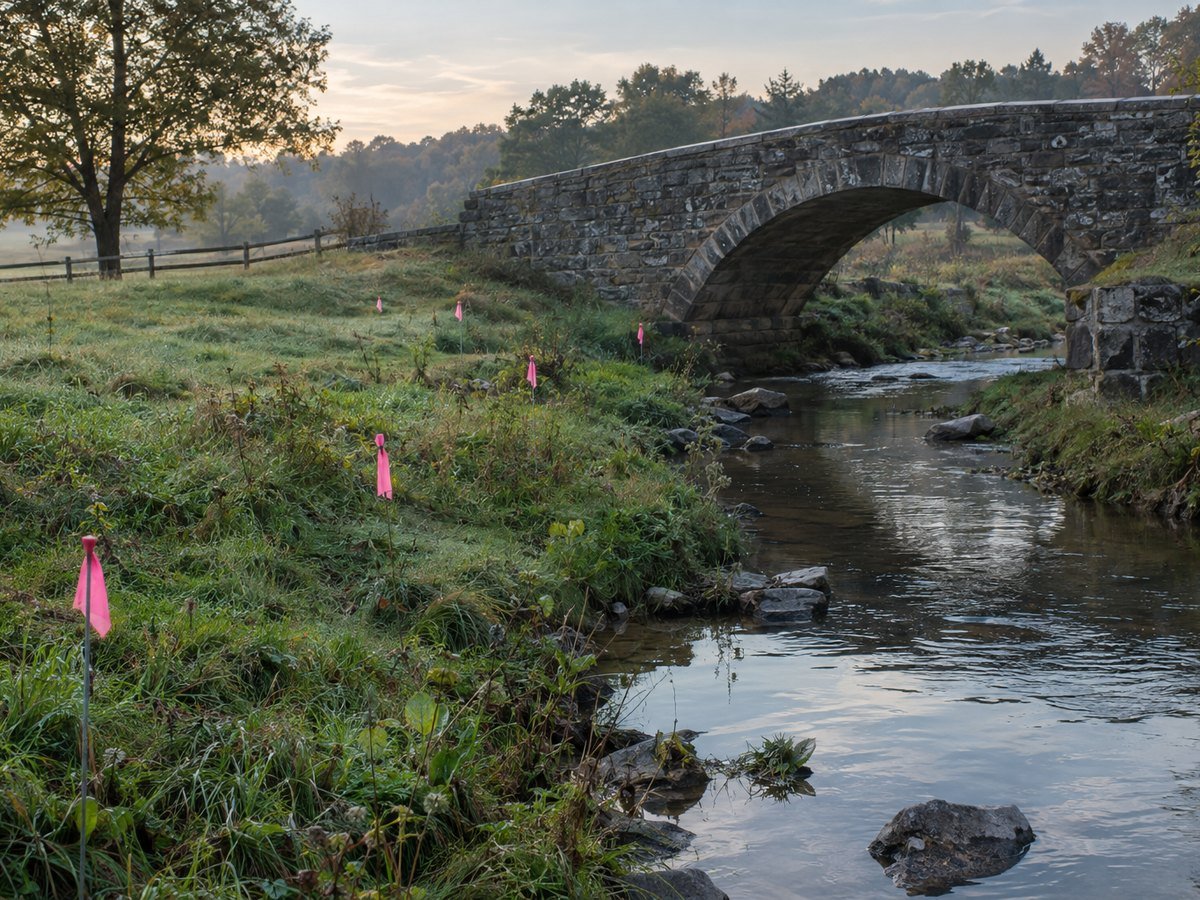 Wetland survey flags along a creek beside a historic stone arch bridge