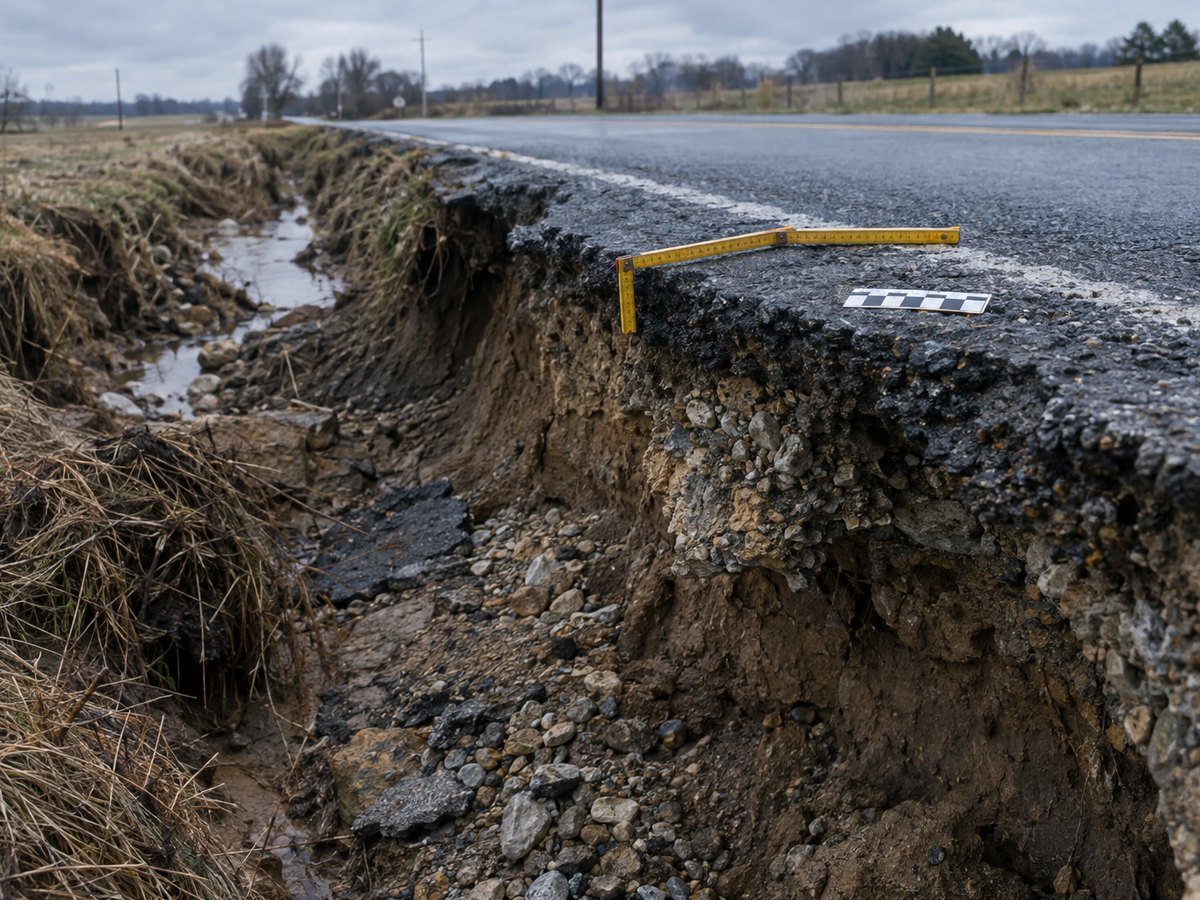 A washed-out county road shoulder with a measuring ruler placed on the broken asphalt edge
