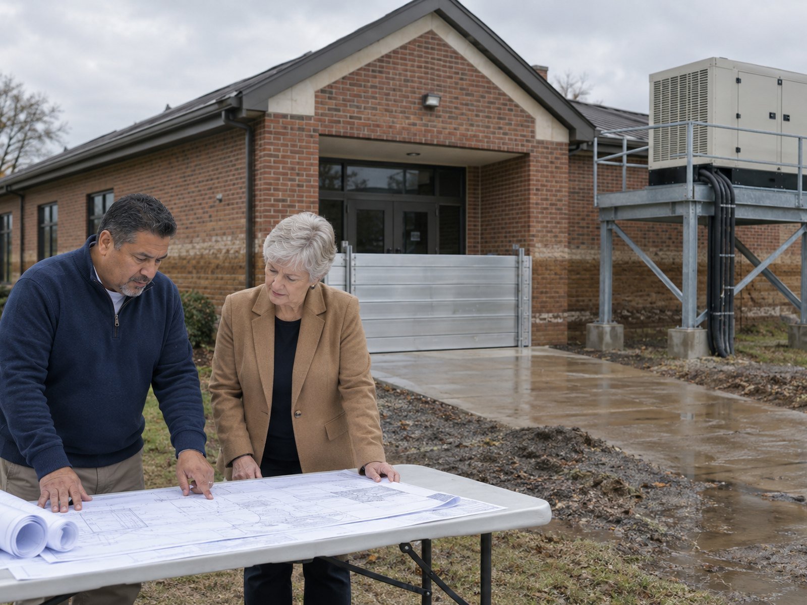 Two professionals reviewing mitigation drawings outside a flood-damaged community center with a new flood barrier and an elevated generator