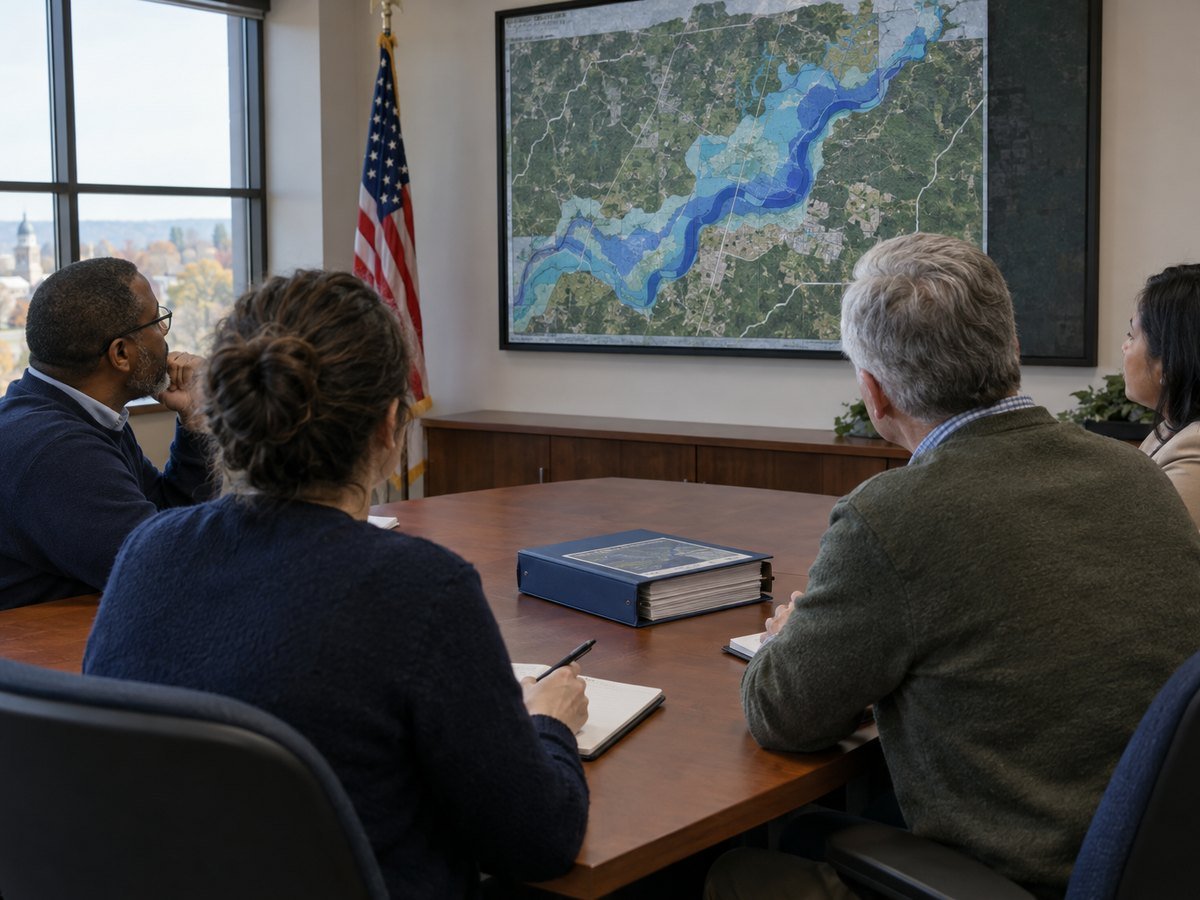 Local officials reviewing a county hazard map with a hazard mitigation plan binder on the table