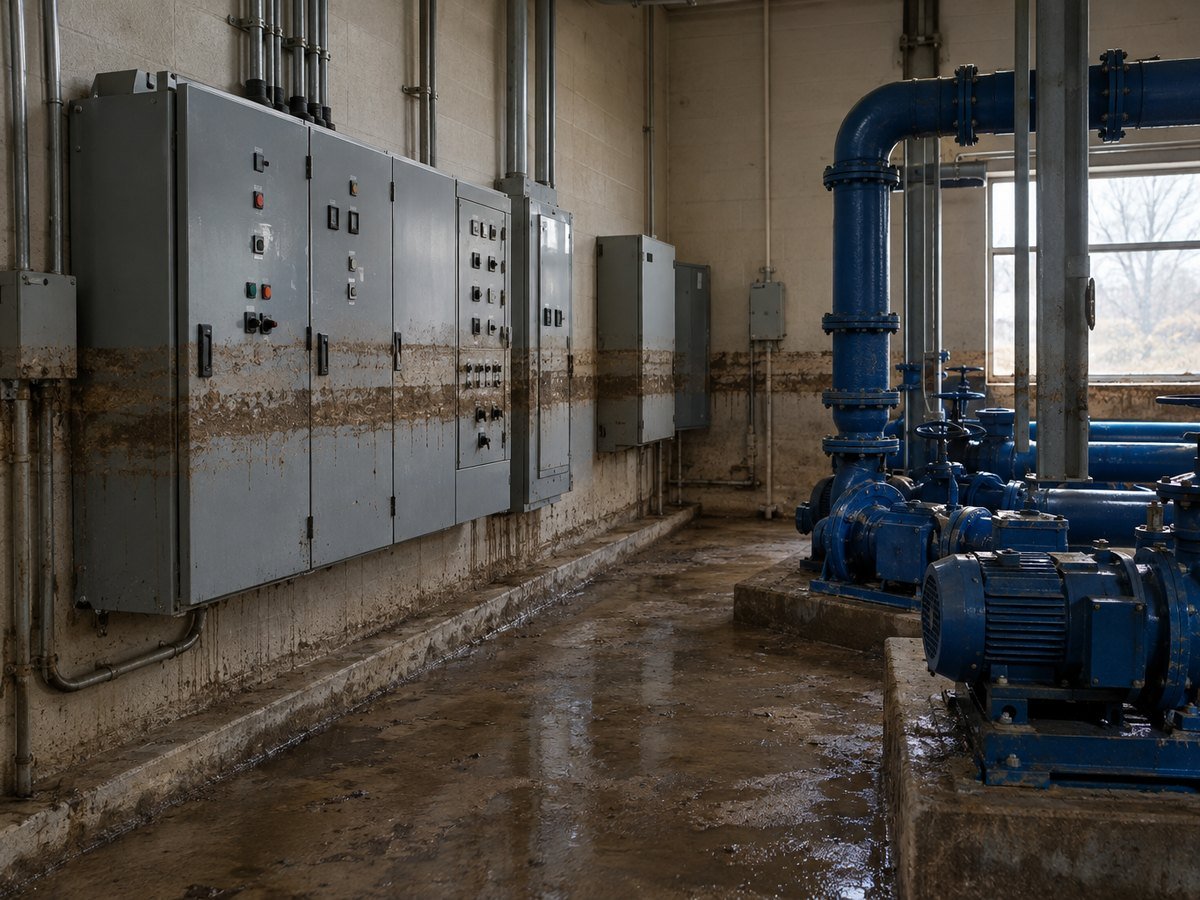 Electrical panels in a municipal pump station with a dried flood water line
