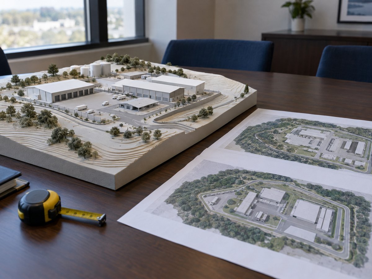 A site model and two printed site plans for a relocated public works facility