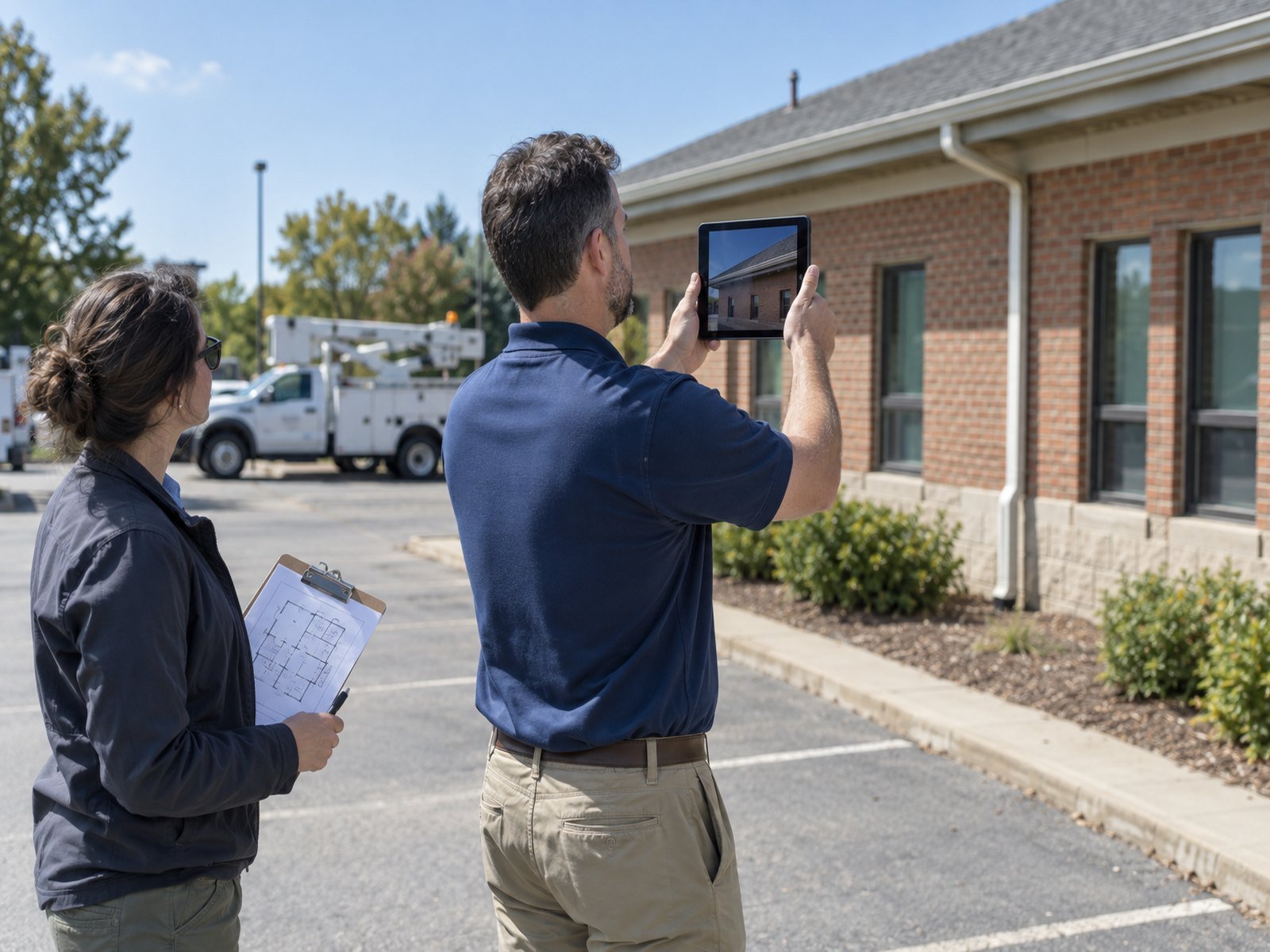 Two public works staff photographing a county building exterior with a tablet and floor plan on a clear day