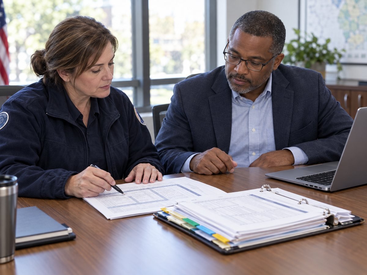An emergency manager and a finance director reviewing a readiness checklist and tabbed binder