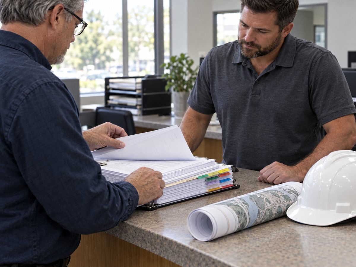 A purchasing officer reviewing a tabbed standby contract with a contractor representative, a site map and hard hat on the counter