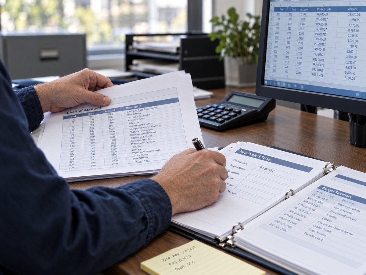 A finance manager setting up a new project code beside a chart of accounts