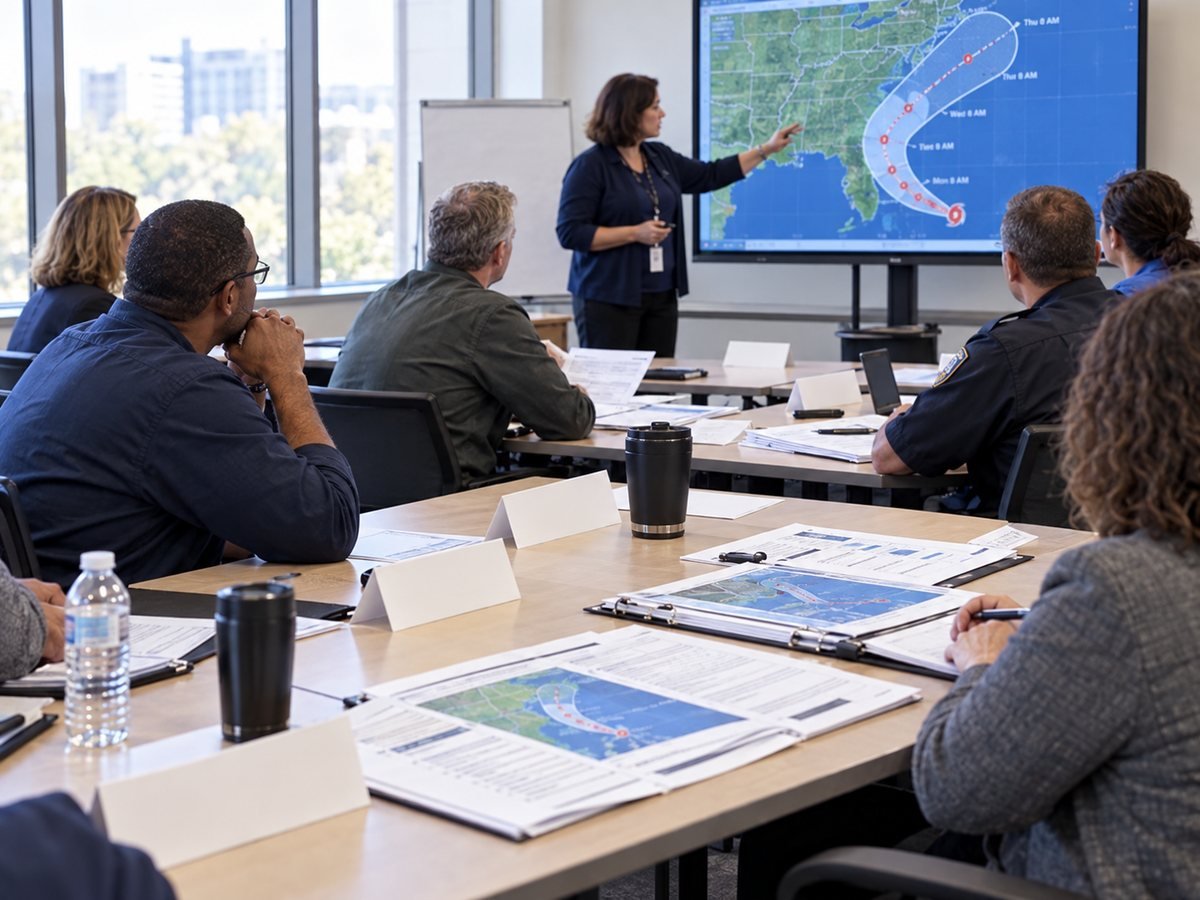 City and county staff in a tabletop exercise with a facilitator pointing to a hurricane track map