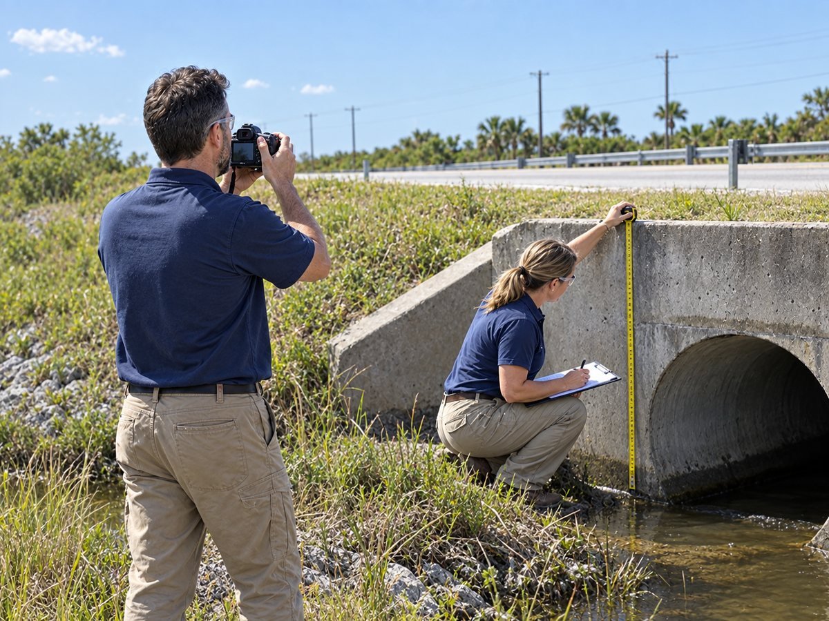 Two facilities staff photographing and measuring a concrete culvert headwall before storm season