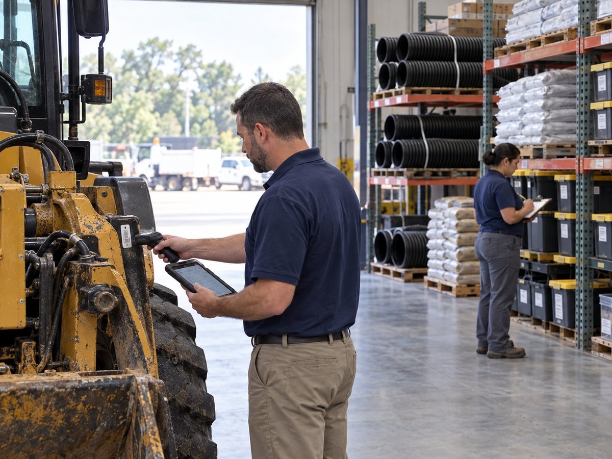 A fleet coordinator scanning an equipment asset tag while a clerk counts stocked materials on warehouse shelving