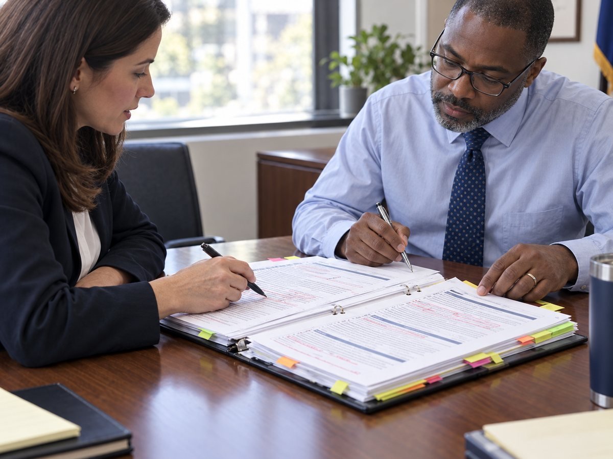 Two staff members reviewing a marked-up policy manual with sticky flags