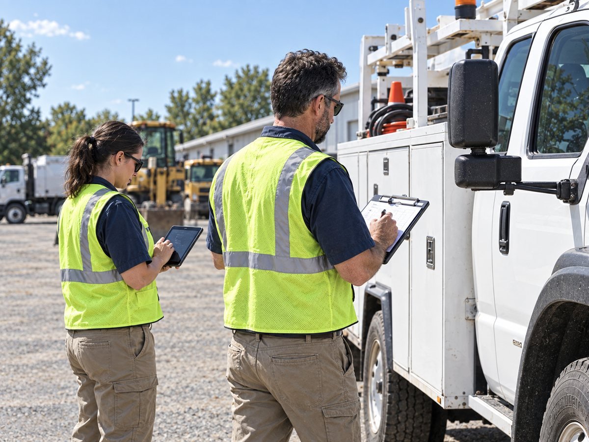 A crew leader completing an activity log beside a utility truck while a coworker uses a tablet