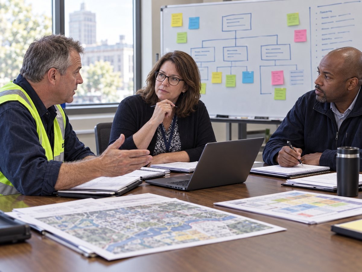 Department heads mapping recovery roles on a whiteboard beside a city map