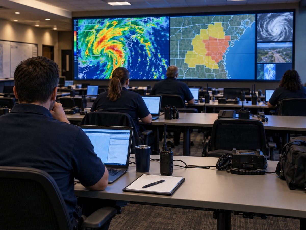 Emergency operations center with weather radar and county maps on a wall of screens