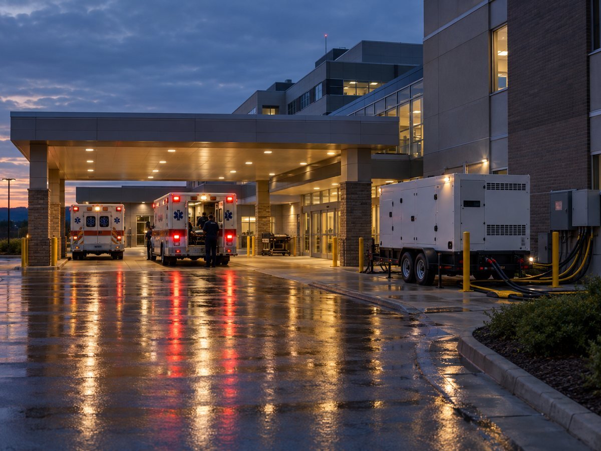 Hospital emergency entrance at dusk with ambulances and a temporary generator