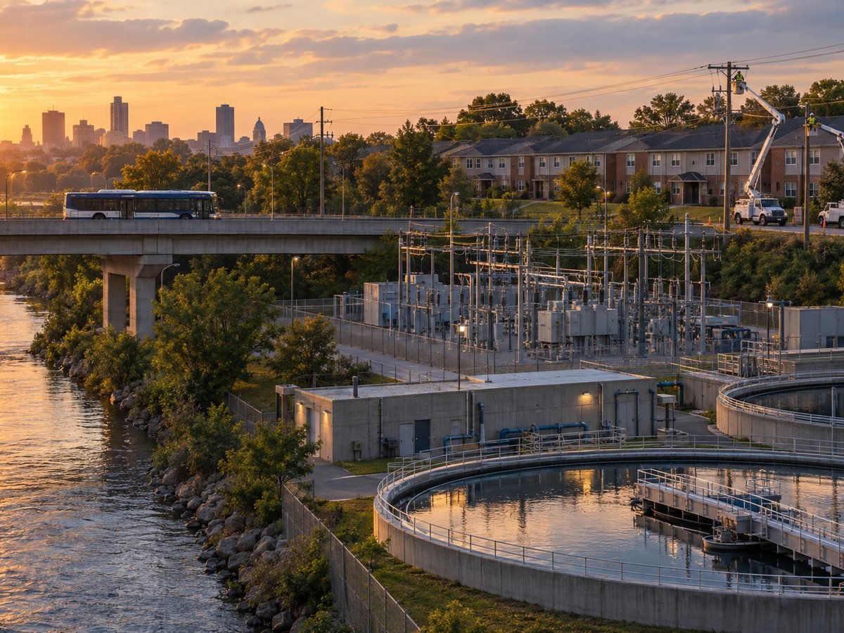 Water treatment plant, electric substation, transit bridge and public housing at sunset