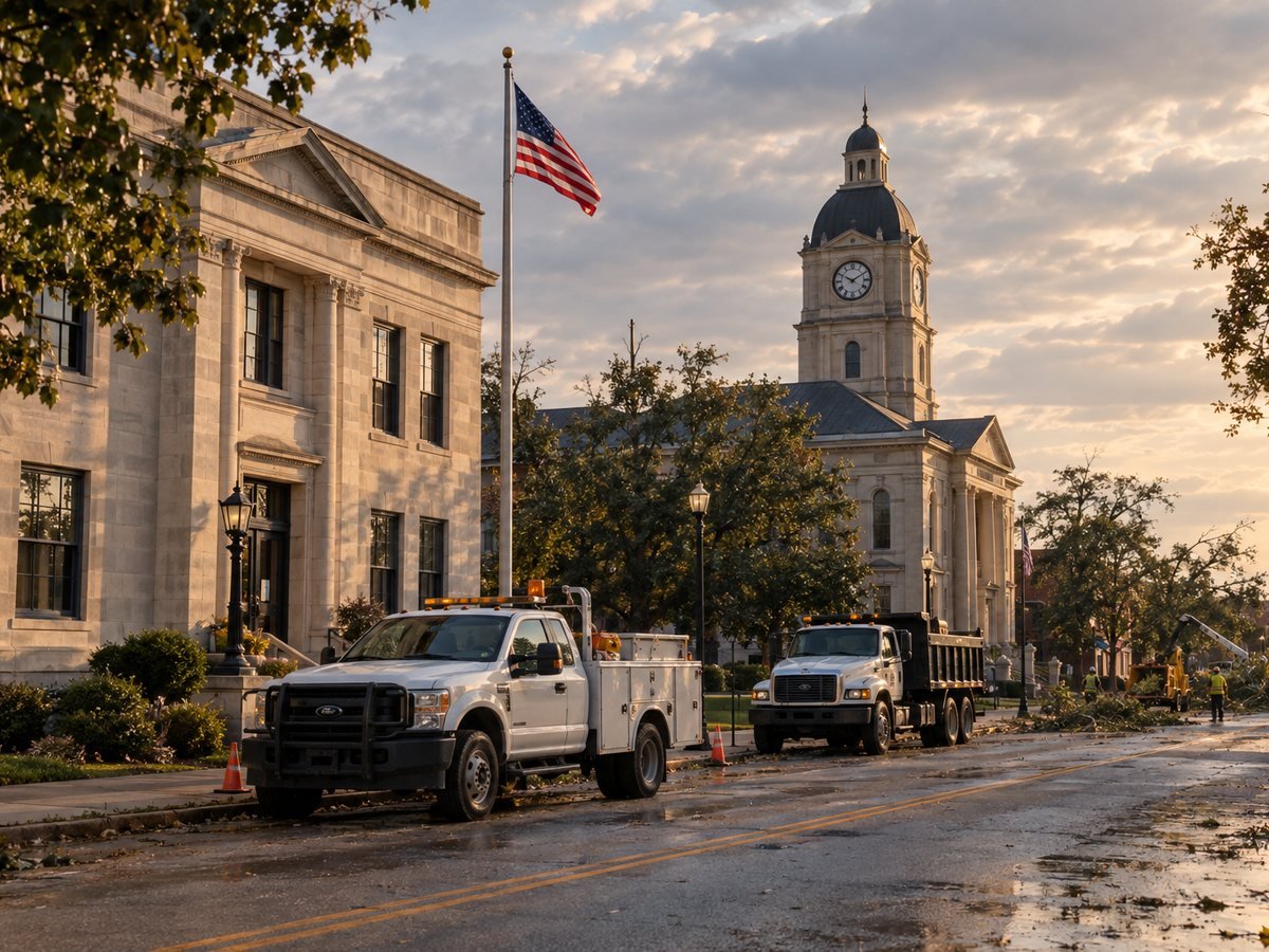 County courthouse and city hall with public works trucks clearing storm debris