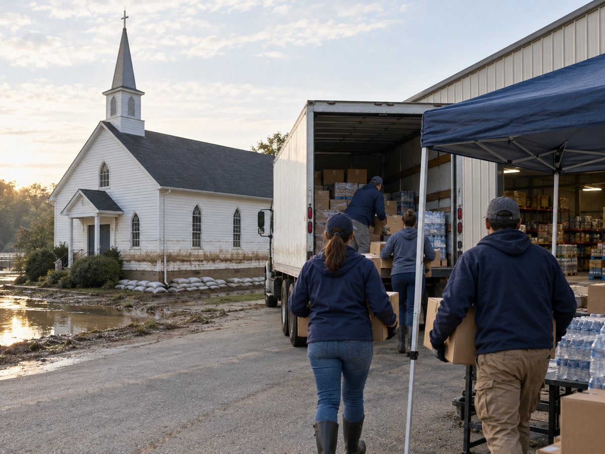 Community church and food bank with volunteers unloading supplies after a flood