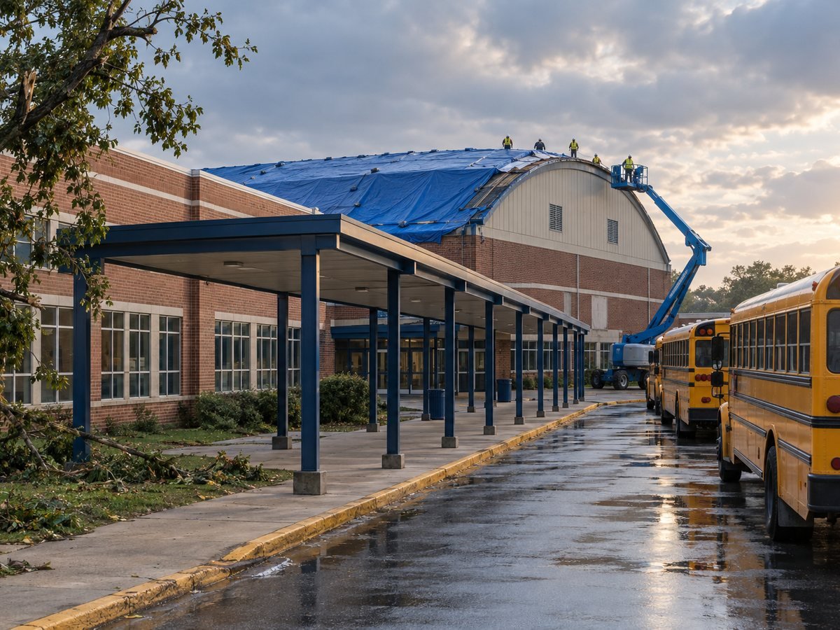 School building with a tarped gymnasium roof under repair and buses at the curb