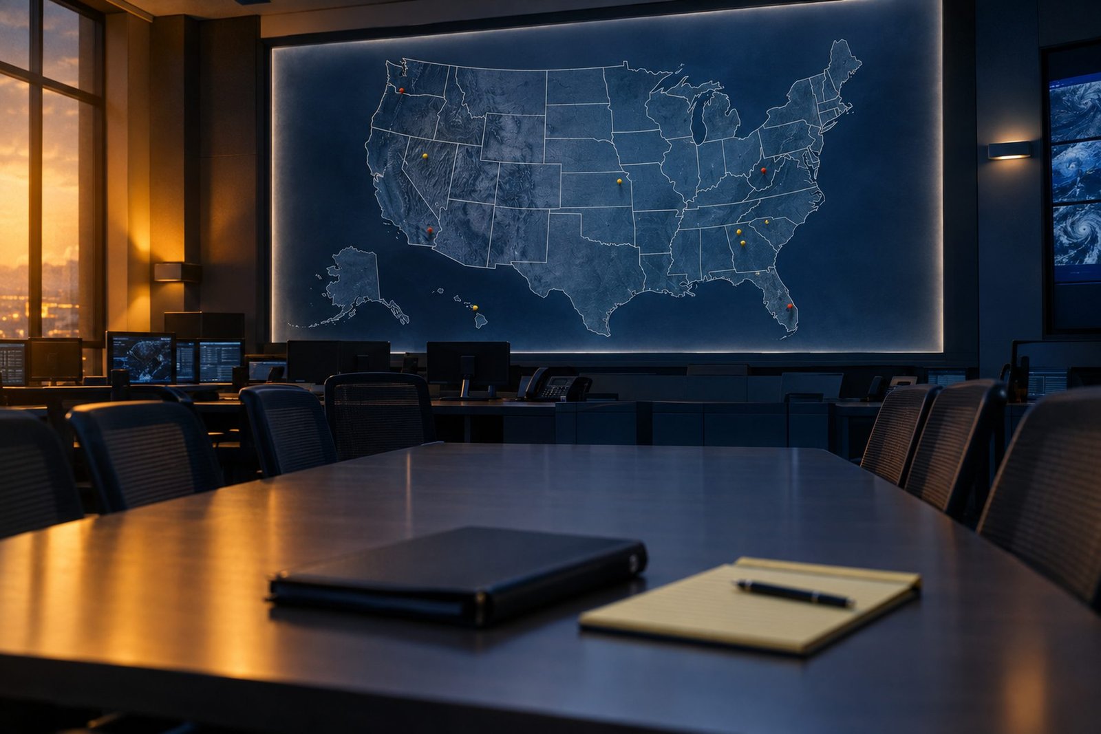 Emergency operations room with a map of the United States on the wall