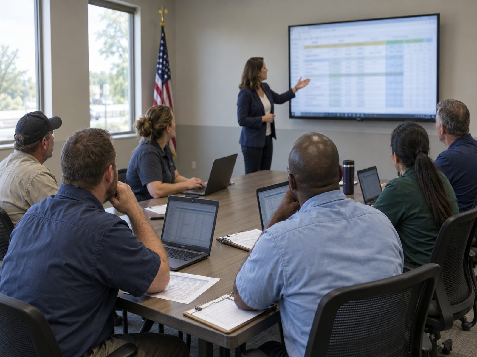 Finance and public works staff in a training session at a county meeting room, timesheets and equipment logs on the table