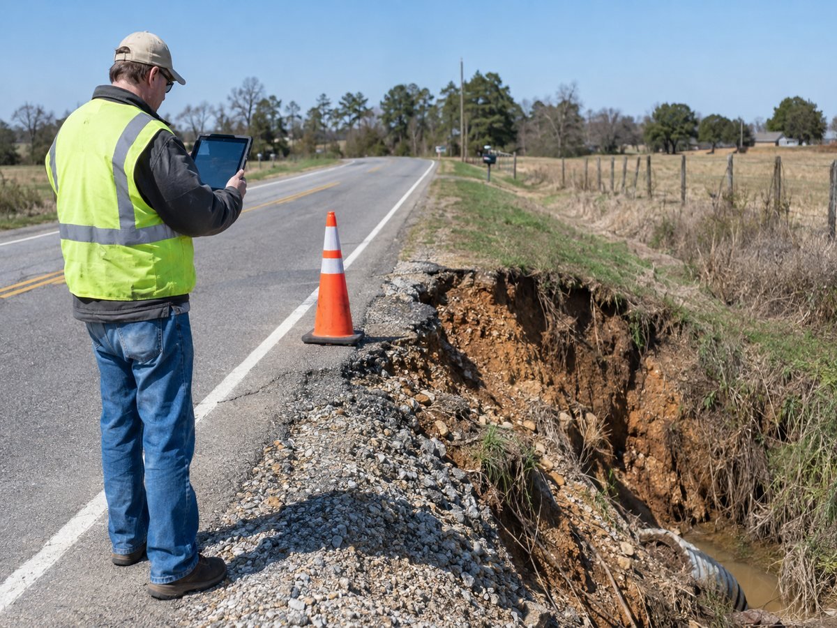 A county inspector photographing a washed-out road shoulder with a tablet, a traffic cone in the frame for scale
