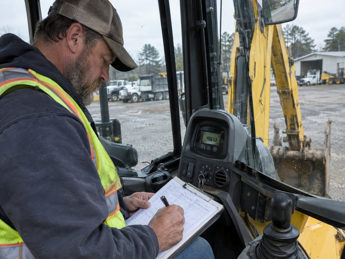 An equipment operator reading the hour meter in a backhoe cab and writing the hours into an equipment log
