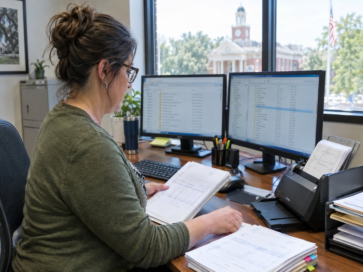 A finance clerk scanning invoices and timesheets at a desk with two monitors showing a document folder structure